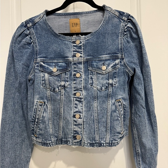 Gap Cropped Puff Sleeve Raw Hem Denim Jacket - Picture 2 of 6
